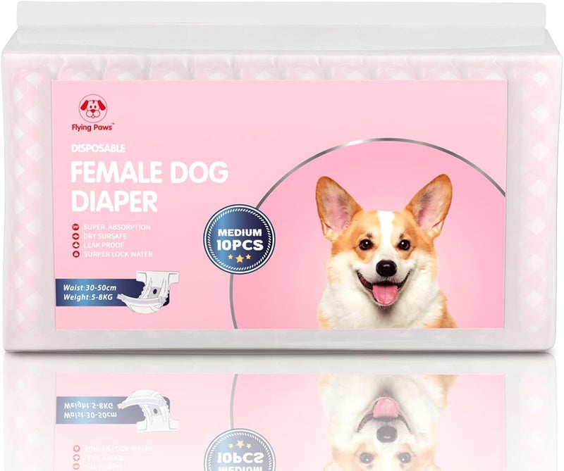 Flying Paws Disposable Female Dog Diapers, Puppy Diapers with Adjustable Elastic Waistline for Female Dog or Cat in Heat, Incontinence, Diaper with Wetness Indicator, M-10 Count - Image 2
